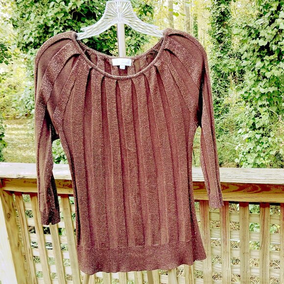 Textured Brown Ribbed Knit Sweater Shimmery Bronze Metallic Knit  Sweater Sz L - Picture 1 of 6